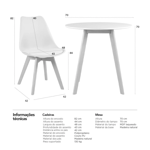 Produto Mesa redonda Leda 70 cm branco + 3 cadeiras estofadas Leda Creme