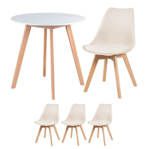 Produto Mesa redonda Leda 70 cm branco + 3 cadeiras estofadas Leda Creme