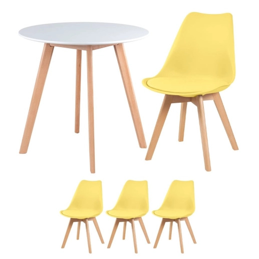 Produto Mesa redonda Leda 70 cm branco + 3 cadeiras estofadas Leda Amarelo
