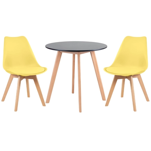 Produto Mesa redonda Leda 70 cm preto + 2 cadeiras estofadas Leda Amarelo