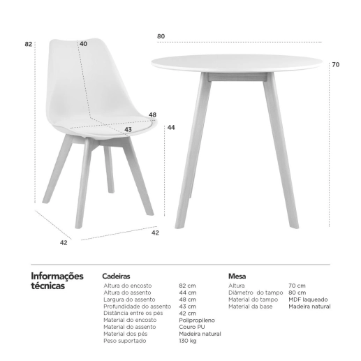 Produto Mesa redonda Leda 80 cm branco + 2 cadeiras estofadas Leda Creme