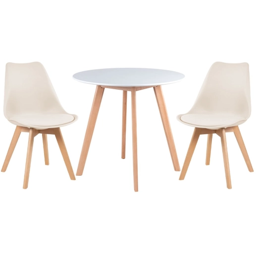 Produto Mesa redonda Leda 80 cm branco + 2 cadeiras estofadas Leda Creme
