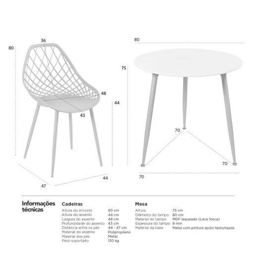 Produto Mesa de jantar redonda 80 cm branco + 3 cadeiras Clarice Cloe Nude