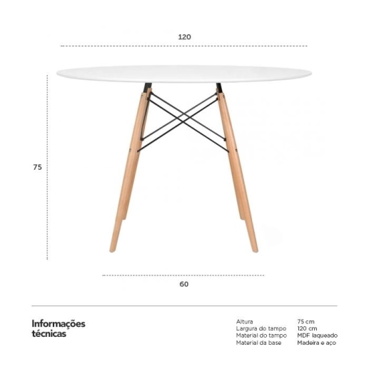 Produto Mesa De Jantar Redonda Eames Eiffel Com Tampo De Mdf Laqueado E Base De Madeira E Aço 120 Cm Cozinha Sala De Jantar Bar Cafeteria, Branco