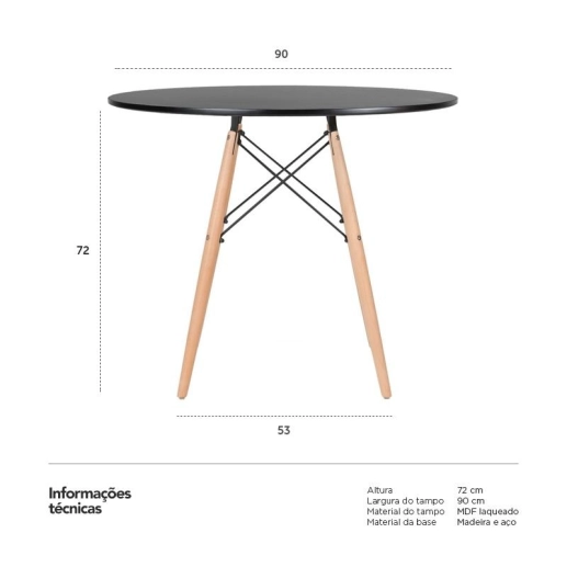 Produto Mesa de Jantar e cozinha Redonda 90 cm Eames Eiffel com Tampo em MDF Laqueado - Preto