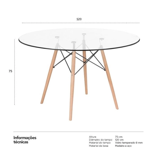 Produto Mesa De Jantar Redonda Eames Eiffel Com Tampo De Vidro E Base De Madeira E Aço 120 Cm Cozinha Sala De Jantar Bar Cafeteria