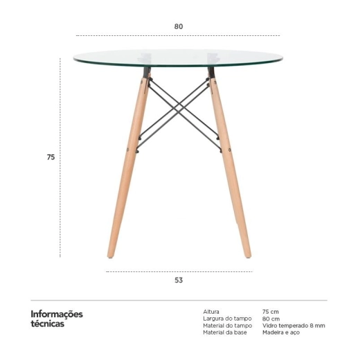 Mesa de jantar redonda Eames Eiffel com tampo de vidro 80 cm Produto Mesa de jantar redonda Eames Eiffel com tampo de vidro 80 cm