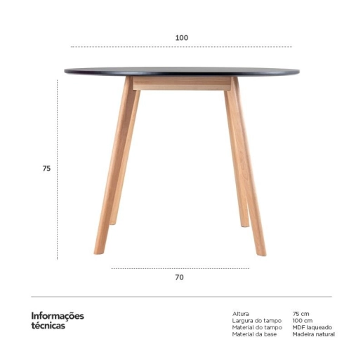 Produto Mesa de jantar redonda Leda - 100 cm - Preto