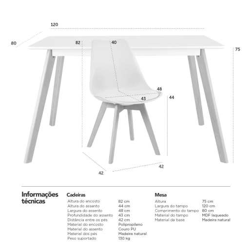 Produto Mesa de jantar retangular 80 x 120 cm preto + 4 cadeiras estofadas Leda - branco