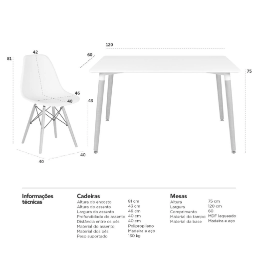 Produto Mesa de jantar retangular Eames 60 x 120 cm branco + 4 cadeiras Eiffel DSW Branco