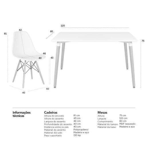 Mesa de jantar retangular Eames 80 x 120 cm branco + 6 cadeiras Eiffel DSW Branco Produto Mesa de jantar retangular Eames 80 x 120 cm branco + 6 cadeiras Eiffel DSW Branco