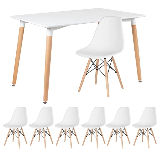Mesa de jantar retangular Eames 80 x 120 cm branco + 6 cadeiras Eiffel DSW Branco Produto Mesa de jantar retangular Eames 80 x 120 cm branco + 6 cadeiras Eiffel DSW Branco