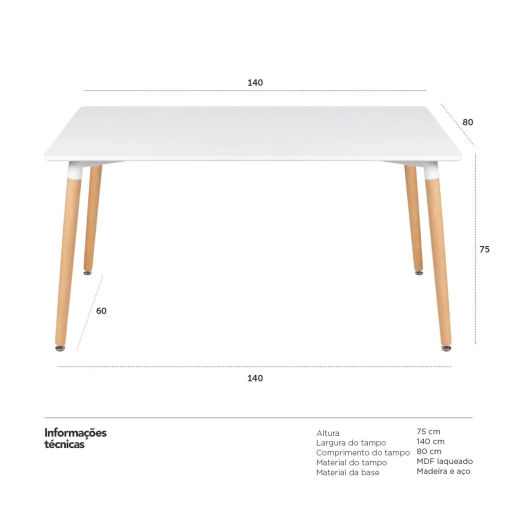 Produto Mesa de jantar retangular Eames - 80 x 140 cm - Branco