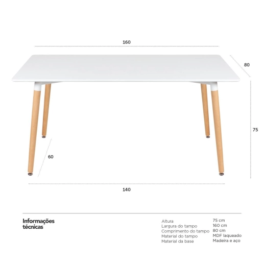 Produto Mesa de jantar retangular Eames - 80 x 160 cm - Branco