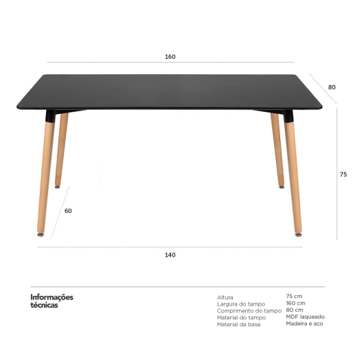 Produto Mesa de jantar retangular Eames Kit 80 x 160 cm Kit Preto