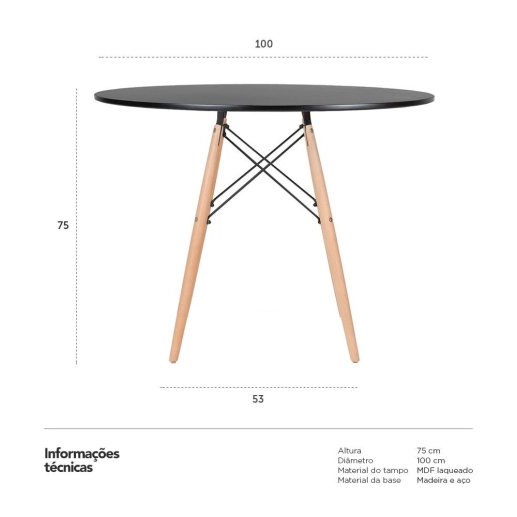 Produto Mesa Eames 100 cm Kit Tampo de Mdf Kit Preto