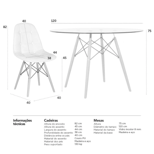 Produto Mesa Eames com tampo de vidro 120 cm + 6 cadeiras estofadas Eiffel Botonê
