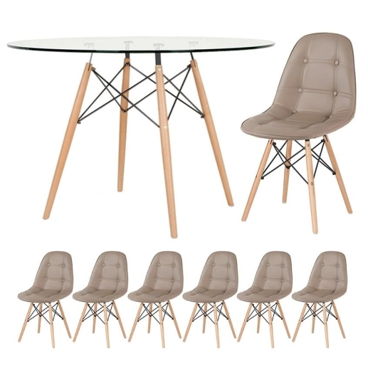 Mesa Eames com tampo de vidro 120 cm + 6 cadeiras estofadas Eiffel Botonê - Nude Produto Mesa Eames com tampo de vidro 120 cm + 6 cadeiras estofadas Eiffel Botonê - Nude