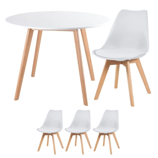 Produto Mesa redonda Leda 100 cm branco + 3 cadeiras estofadas Leda Branco