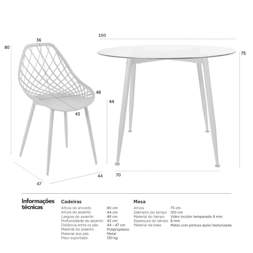 Produto Mesa redonda com tampo de vidro 100 cm + 4 cadeiras Clarice Cloe Nude