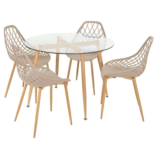 Produto Mesa redonda com tampo de vidro 100 cm + 4 cadeiras Clarice Cloe Nude