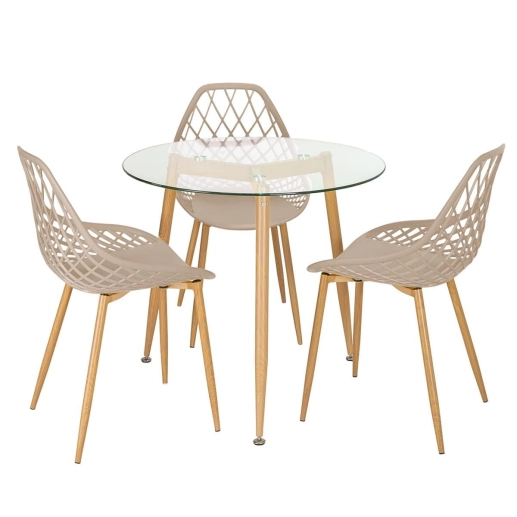 Produto Mesa redonda com tampo de vidro 80 cm + 3 cadeiras Clarice Cloe Nude