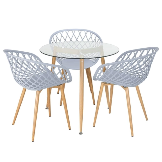 Produto Mesa redonda com tampo de vidro 80 cm + 3 cadeiras Clarice Nest Cinza