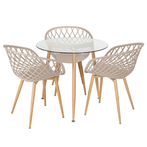 Mesa redonda com tampo de vidro 80 cm + 3 cadeiras Clarice Nest Nude Produto Mesa redonda com tampo de vidro 80 cm + 3 cadeiras Clarice Nest Nude