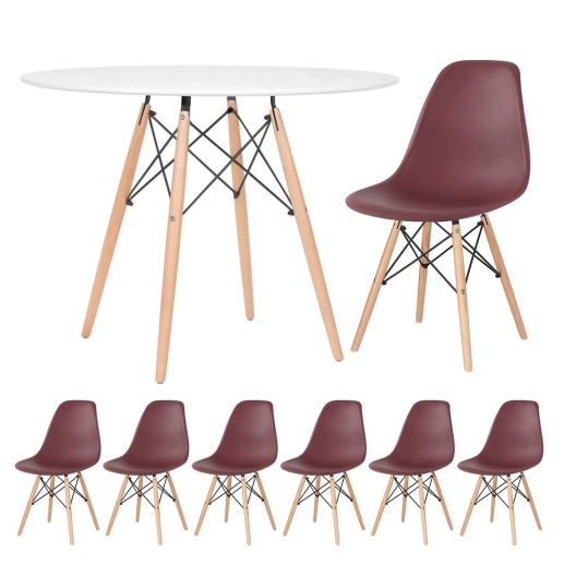 Produto Mesa redonda Eames 100 cm branco + 6 cadeiras Eiffel DSW - Marrom