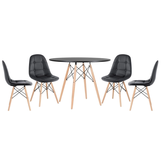 Mesa redonda Eames 100 cm preto + 4 cadeiras estofadas Eiffel Botonê - Preto Produto Mesa redonda Eames 100 cm preto + 4 cadeiras estofadas Eiffel Botonê - Preto