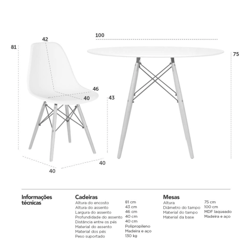 Mesa redonda Eames 100 cm preto + 6 cadeiras Eiffel DSW Roxo Produto Mesa redonda Eames 100 cm preto + 6 cadeiras Eiffel DSW Roxo