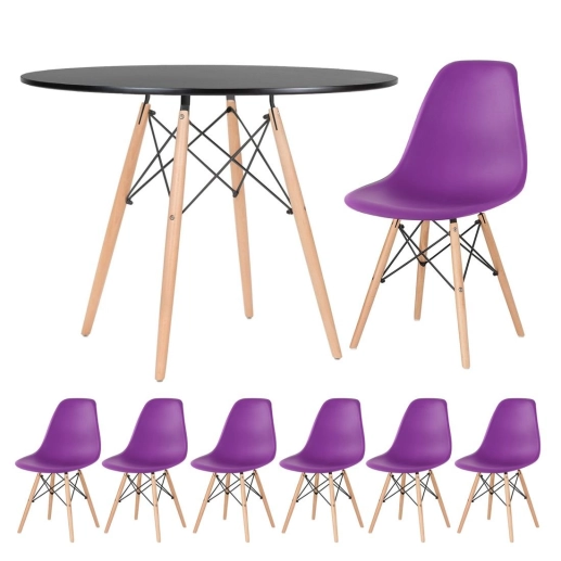 Mesa redonda Eames 100 cm preto + 6 cadeiras Eiffel DSW Roxo Produto Mesa redonda Eames 100 cm preto + 6 cadeiras Eiffel DSW Roxo