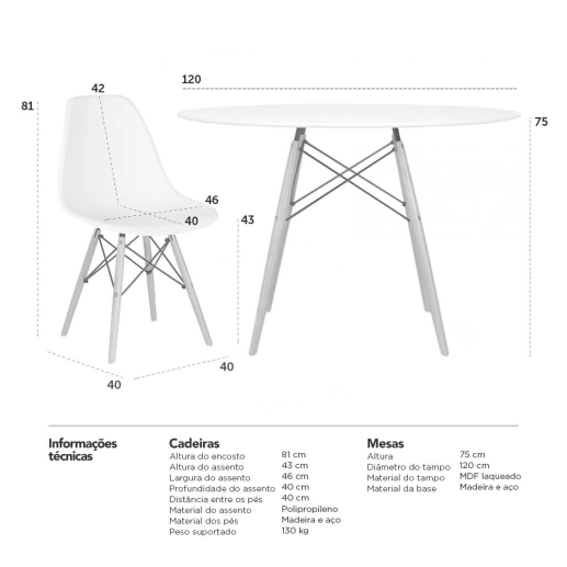 Produto Mesa redonda Eames 120 cm + 5 cadeiras Eames DSW - Nude