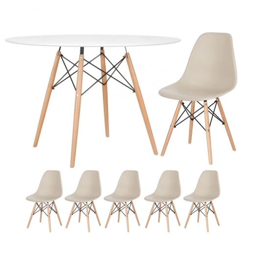 Produto Mesa redonda Eames 120 cm + 5 cadeiras Eames DSW - Nude