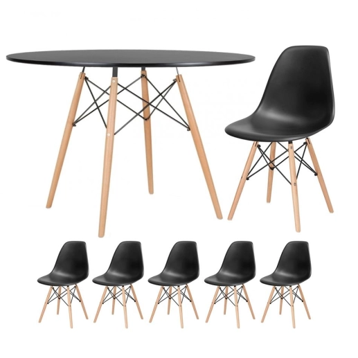 Produto Mesa redonda Eames 120 cm + 5 cadeiras Eames DSW - Preto