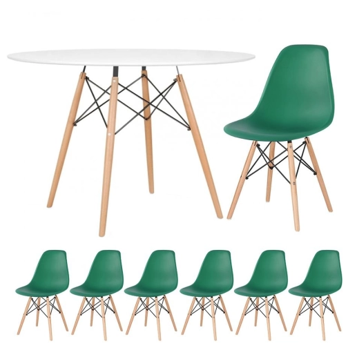 Produto Mesa redonda Eames 120 cm branco + 6 cadeiras Eiffel DSW Verde escuro