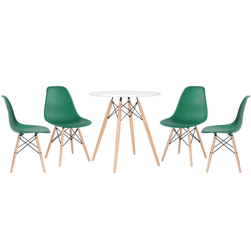 Mesa redonda Eames 70 cm branco + 4 cadeiras Eiffel DSW Verde escuro Produto Mesa redonda Eames 70 cm branco + 4 cadeiras Eiffel DSW Verde escuro