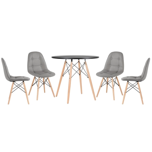 Produto Mesa redonda Eames 80 cm preto + 4 cadeiras estofadas Eiffel Botonê Cinza escuro