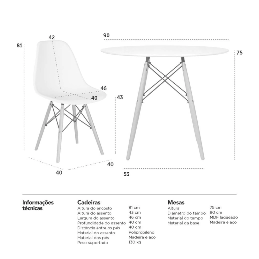 Produto Mesa redonda Eames 90 cm + 3 cadeiras Eiffel DSW