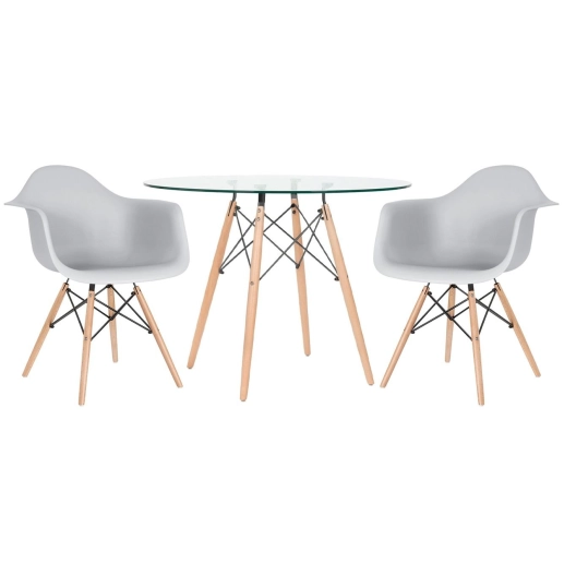 Produto Mesa redonda Eames com tampo de vidro 100 cm + 2 cadeiras Eiffel DAW - Cinza Claro