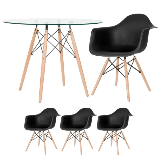 Mesa redonda Eames com tampo de vidro 100 cm + 3 cadeiras Eiffel DAW - Preto Produto Mesa redonda Eames com tampo de vidro 100 cm + 3 cadeiras Eiffel DAW - Preto