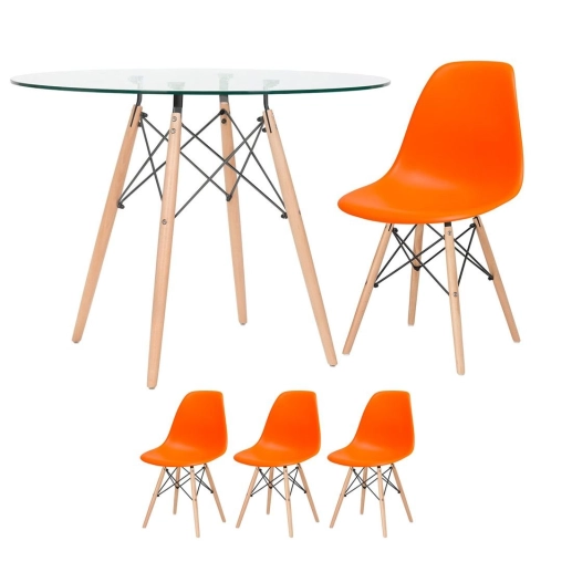 Produto Mesa redonda Eames com tampo de vidro 100 cm + 3 cadeiras Eiffel Dsw Laranja