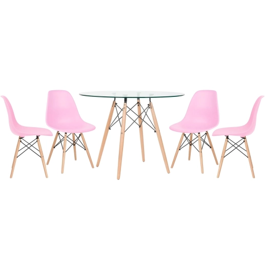 Produto Mesa redonda Eames com tampo de vidro 100 cm + 4 cadeiras Eiffel DSW - Rosa