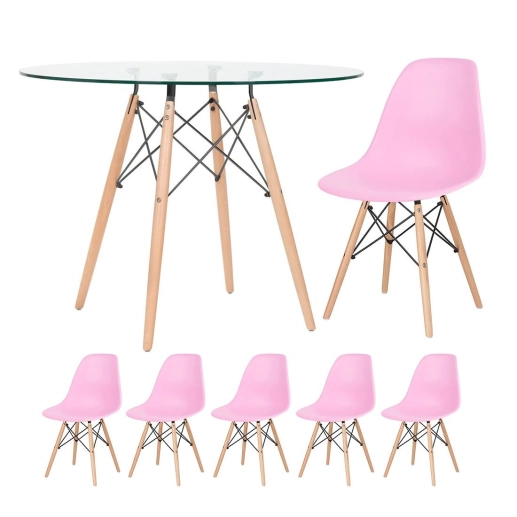 Produto Mesa redonda Eames com tampo de vidro 100 cm + 5 cadeiras Eiffel DSW Rosa claro