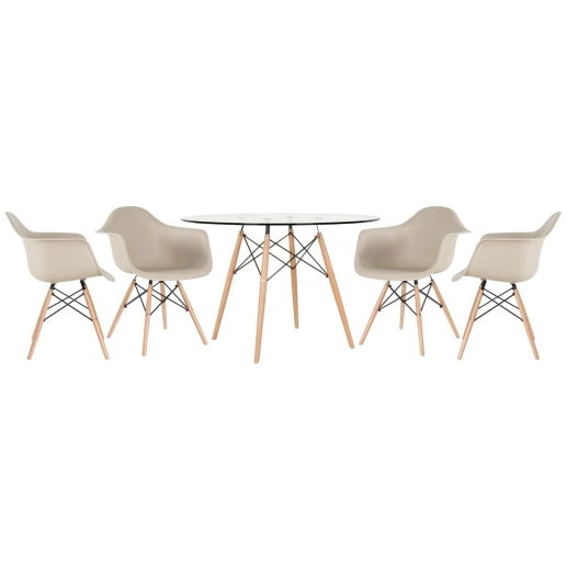 Mesa redonda Eames com tampo de vidro 120 cm + 4 cadeiras Eiffel DAW - Nude Produto Mesa redonda Eames com tampo de vidro 120 cm + 4 cadeiras Eiffel DAW - Nude