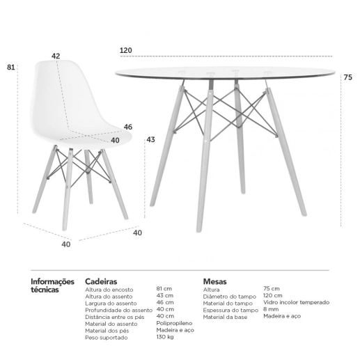 Mesa redonda Eames com tampo de vidro 120 cm + 4 cadeiras Eiffel DSW - Branco Produto Mesa redonda Eames com tampo de vidro 120 cm + 4 cadeiras Eiffel DSW - Branco