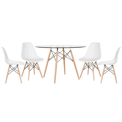 Mesa redonda Eames com tampo de vidro 120 cm + 4 cadeiras Eiffel DSW - Branco Produto Mesa redonda Eames com tampo de vidro 120 cm + 4 cadeiras Eiffel DSW - Branco