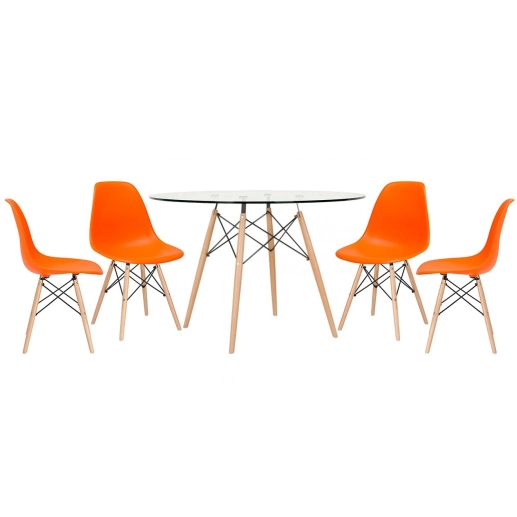 Produto Mesa redonda Eames com tampo de vidro 120 cm + 4 cadeiras Eiffel DSW - Laranja