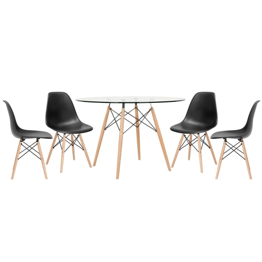 Produto Mesa redonda Eames com tampo de vidro 120 cm + 4 cadeiras Eiffel DSW - Preto