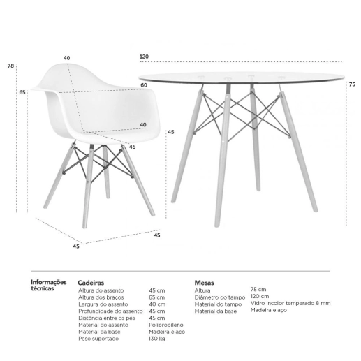 Produto Mesa redonda Eames com tampo de vidro 120 cm + 6 cadeiras Eiffel DAW - Branco